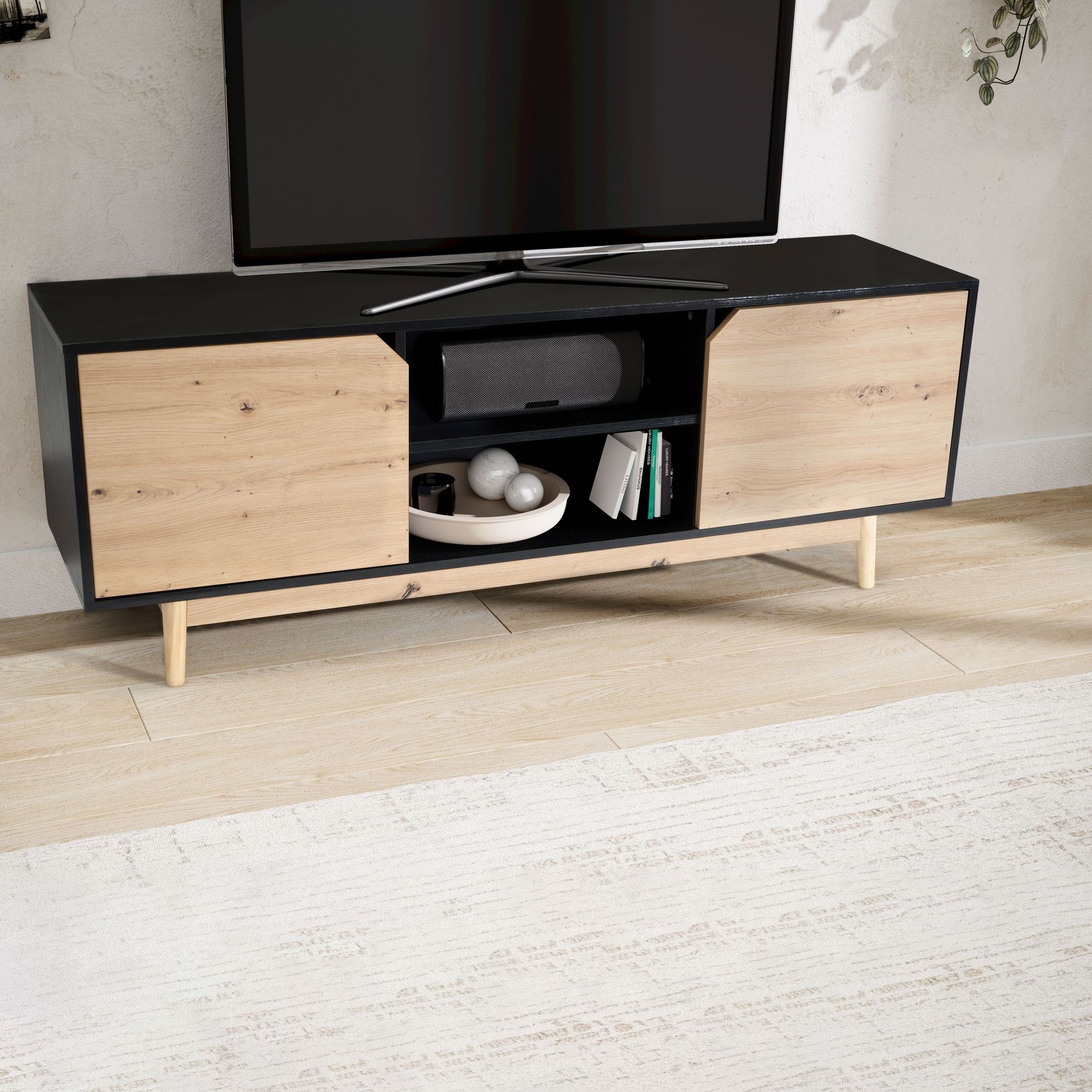 Lowboard zwart eiken decor 150x55x40 cm tv-kast modern, design tv-kast hoog, tv-tafel tv-kast met twee deuren, tv-kast woonkamer