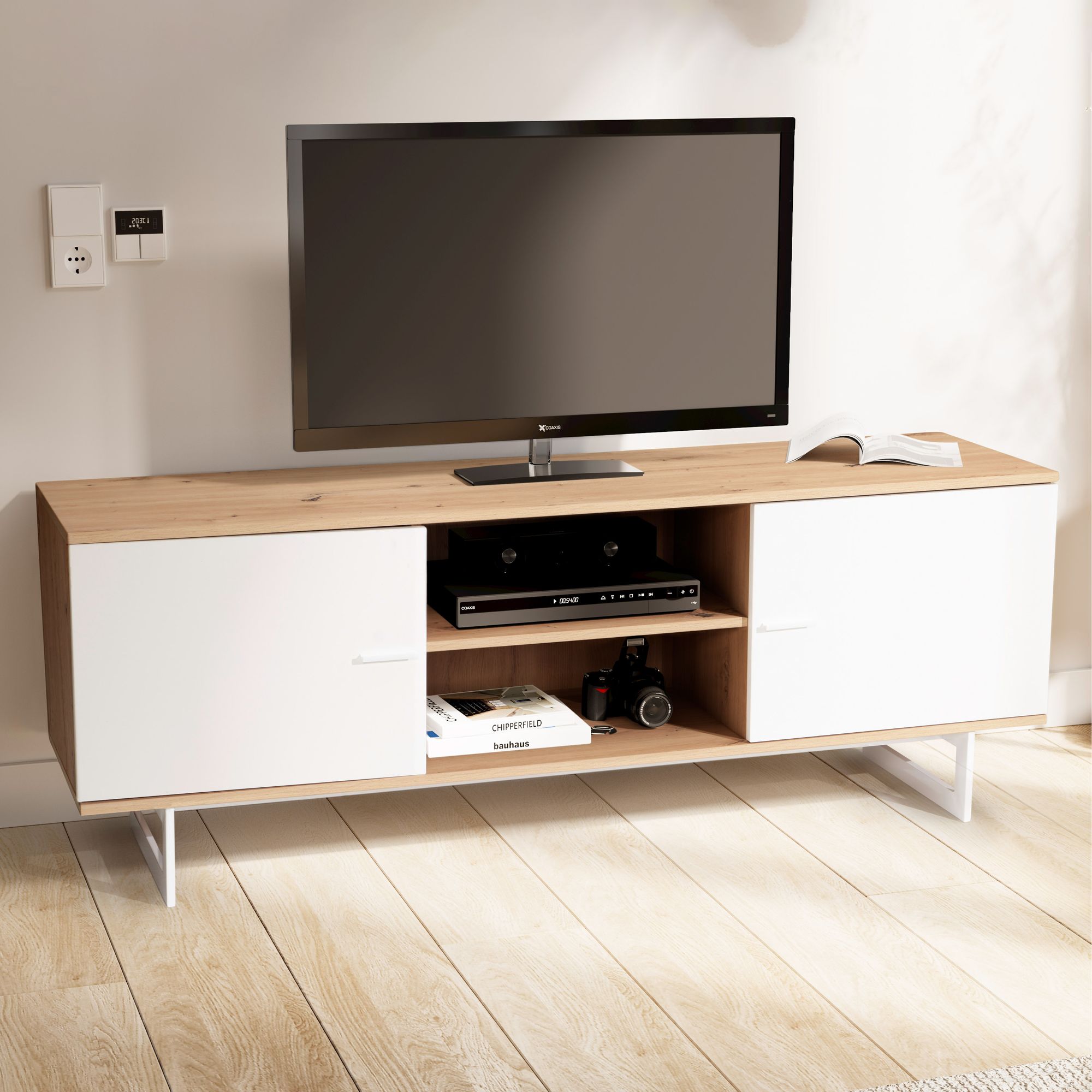 Lowboard eiken decor wit 150x55x40 cm tv-kast modern, design tv-kast hoog, tv-tafel tv-kast met twee deuren, tv-kast woonkamer