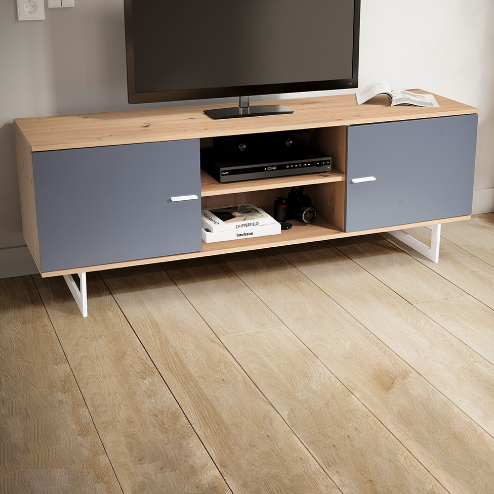 Lowboard eiken decor grijs 150x55x40 cm tv-kast modern, design tv-kast hoog, tv-tafel tv-kast met twee deuren, tv-kast woonkamer