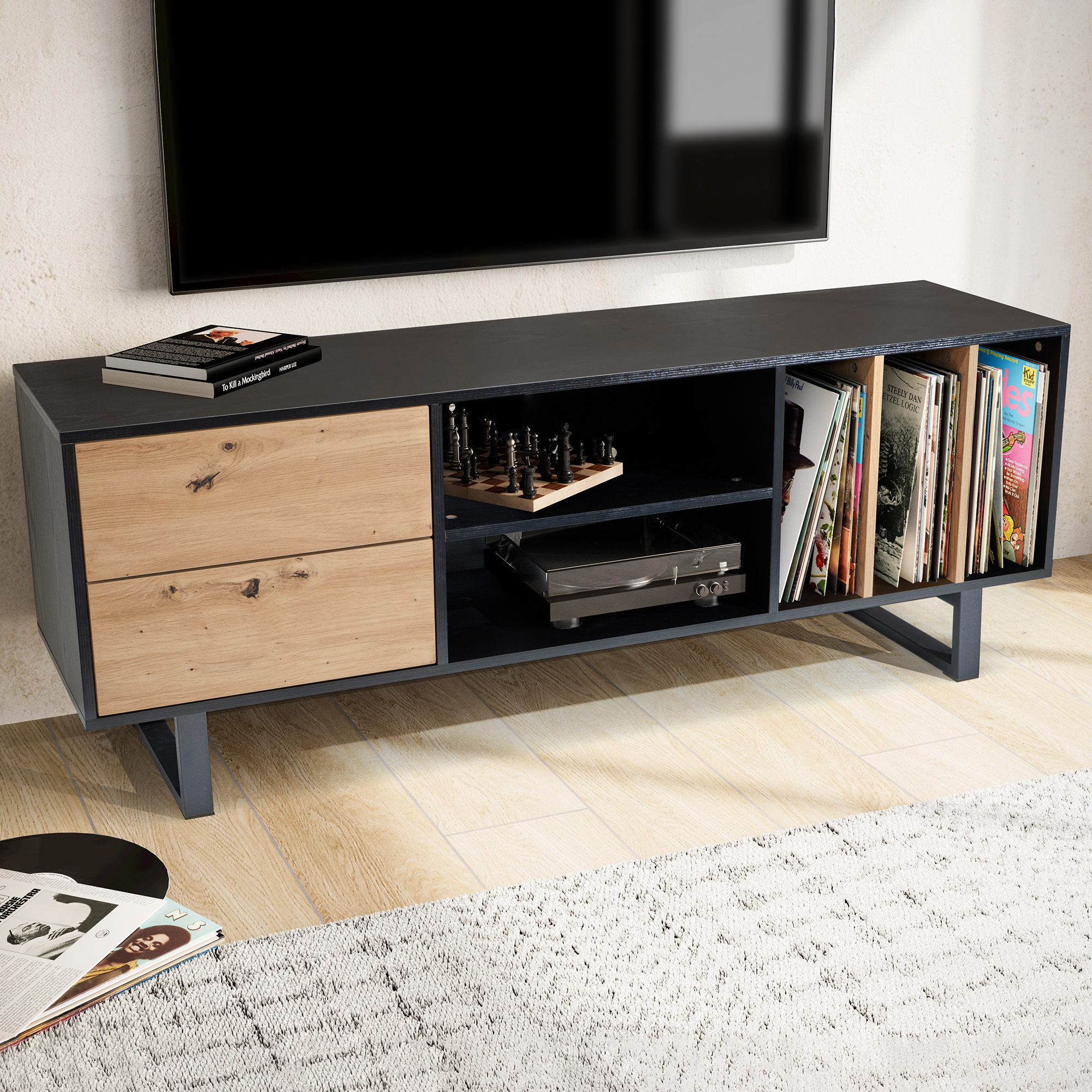 Lowboard zwart met eiken decor 150x55x40 cm tv-kast modern, design tv-kast hoog, tv-tafel tv-kast met lades en plank, tv-kast woonkamer