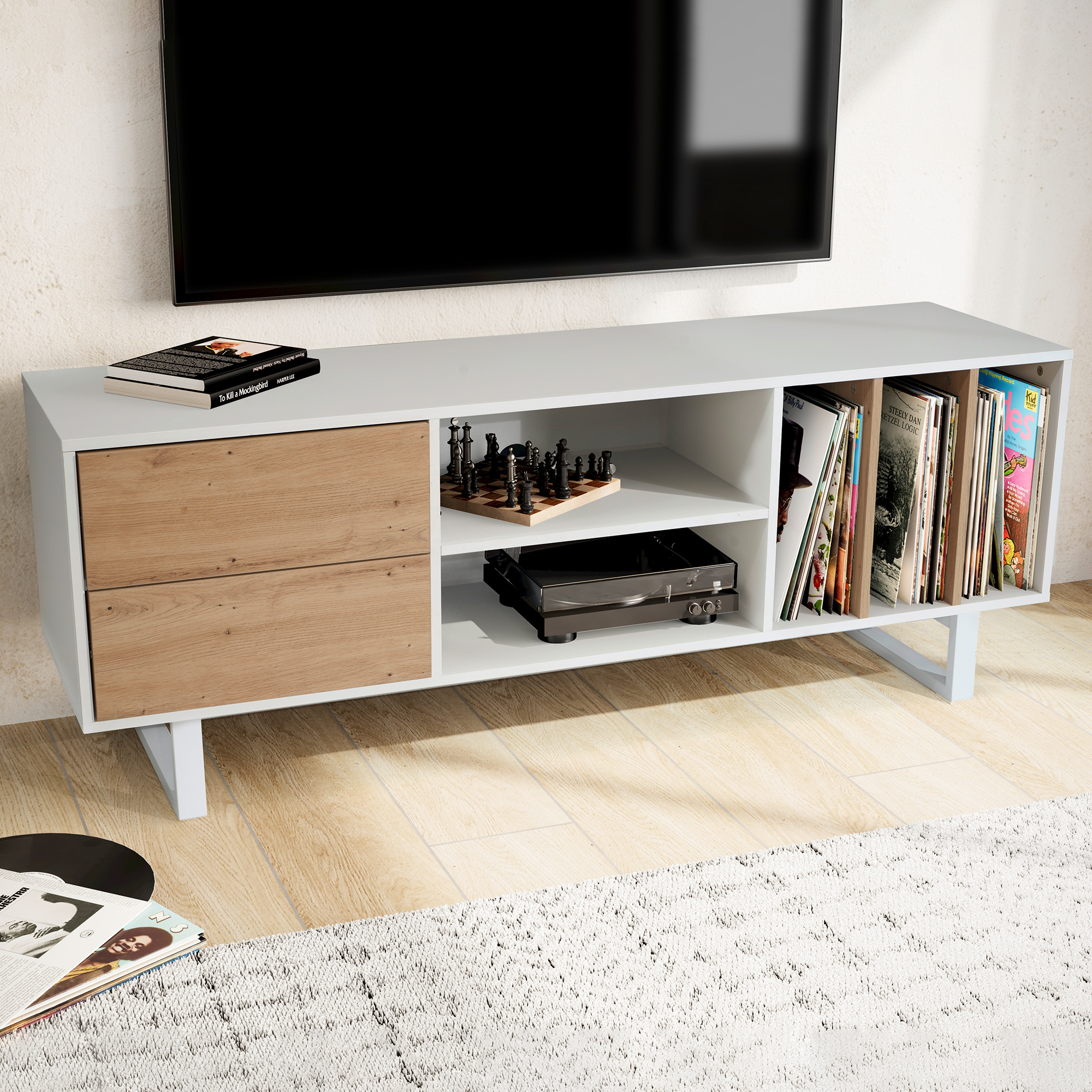 Lowboard wit met eiken decor 150x55x40 cm tv-kast modern, design tv-kast hoog, tv-tafel tv-kast met lades en plank, tv-kast woonkamer