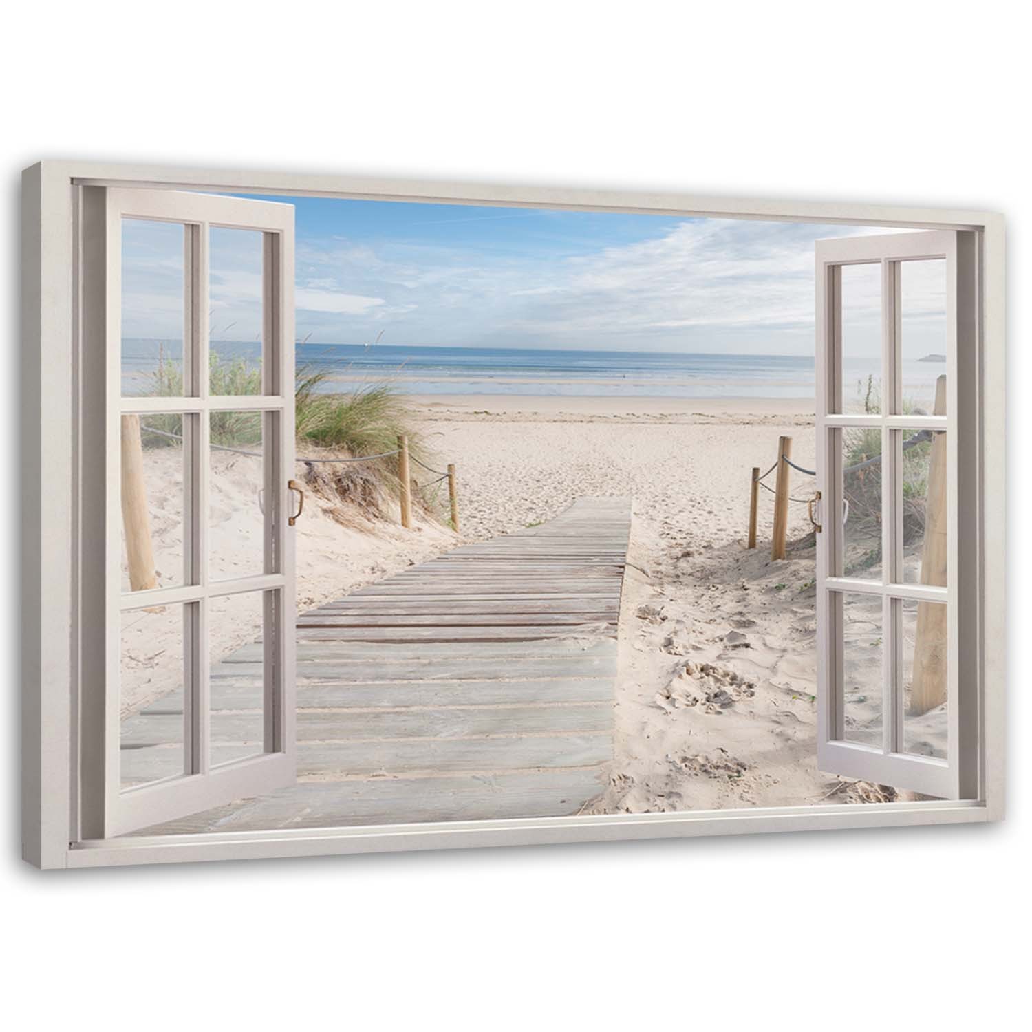 Frame gedrukt op canvas met afbeelding van het pad naar het strand vanuit het raam van mdf en canvas