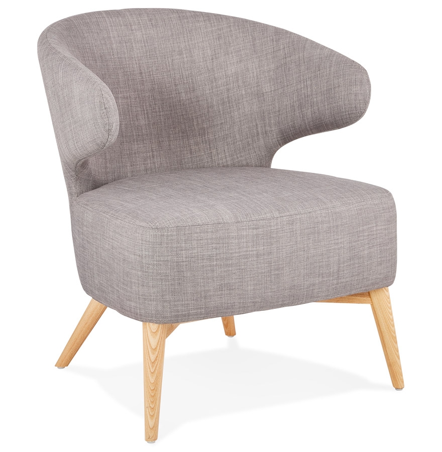 'ODILE' lounge fauteuil in grijze stof en poten in naturel afwerking hout