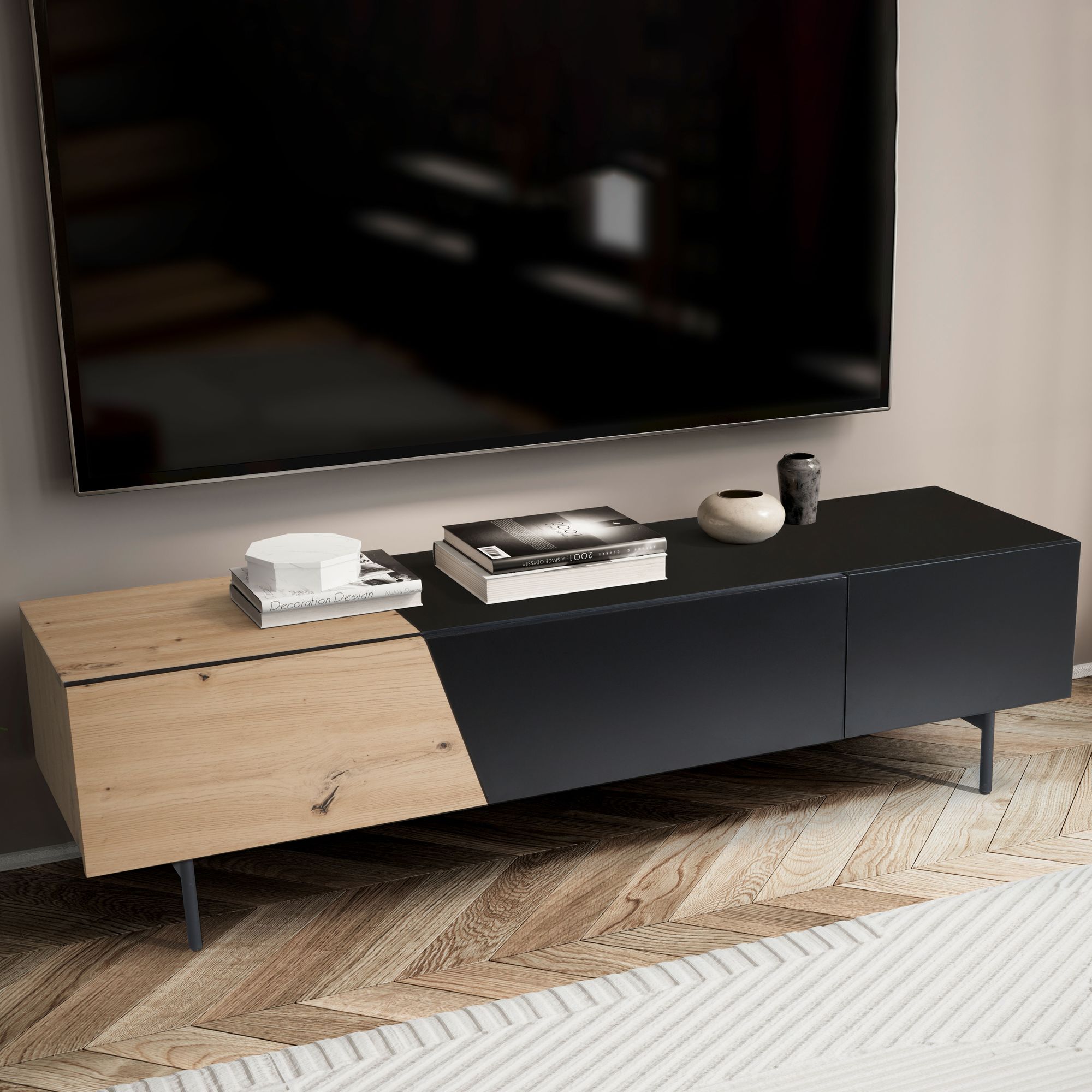 Lowboard zwart met eiken decor 150x40x40 cm tv-kast modern, design tv-kast laag, tv-tafel tv-kast met deuren en lade, tv-kast woonkamer