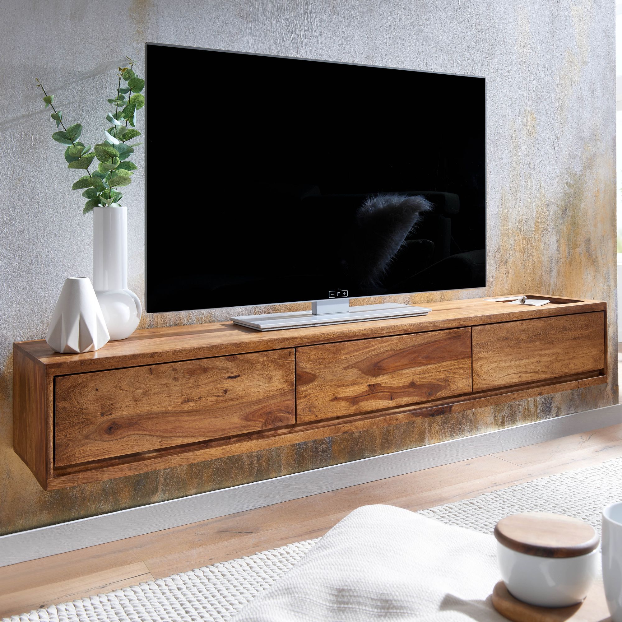 Lowboard hangend massief sheeshamhout 160x25x35 cm tv-meubel bruin