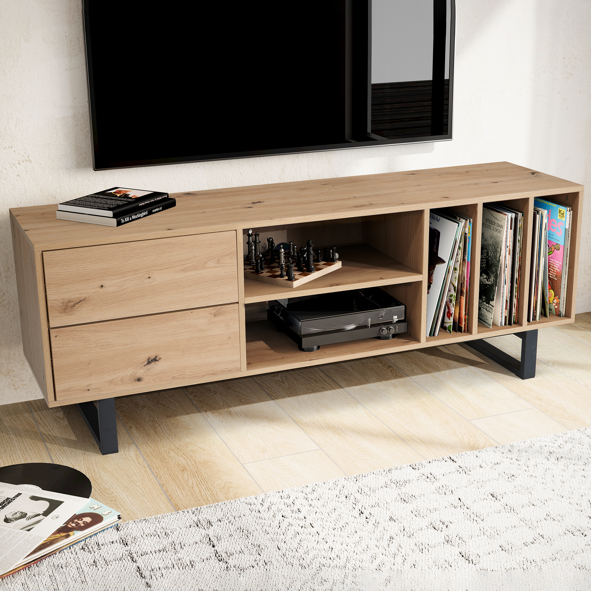 Lowboard eiken decor 150x55x40 cm tv-kast modern, design tv-kast hoog, tv-tafel tv-kast met lades en plank, tv-kast woonkamer