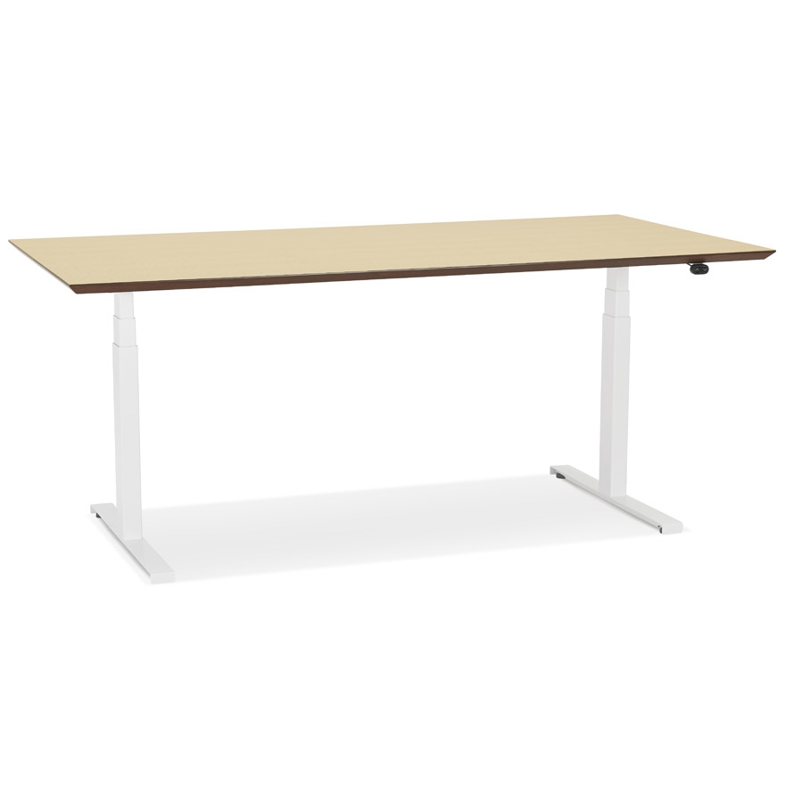 'BIONIK' elektrisch zit-sta bureau met naturel afwerking houten blad en wit metalen voet - 180x90 cm