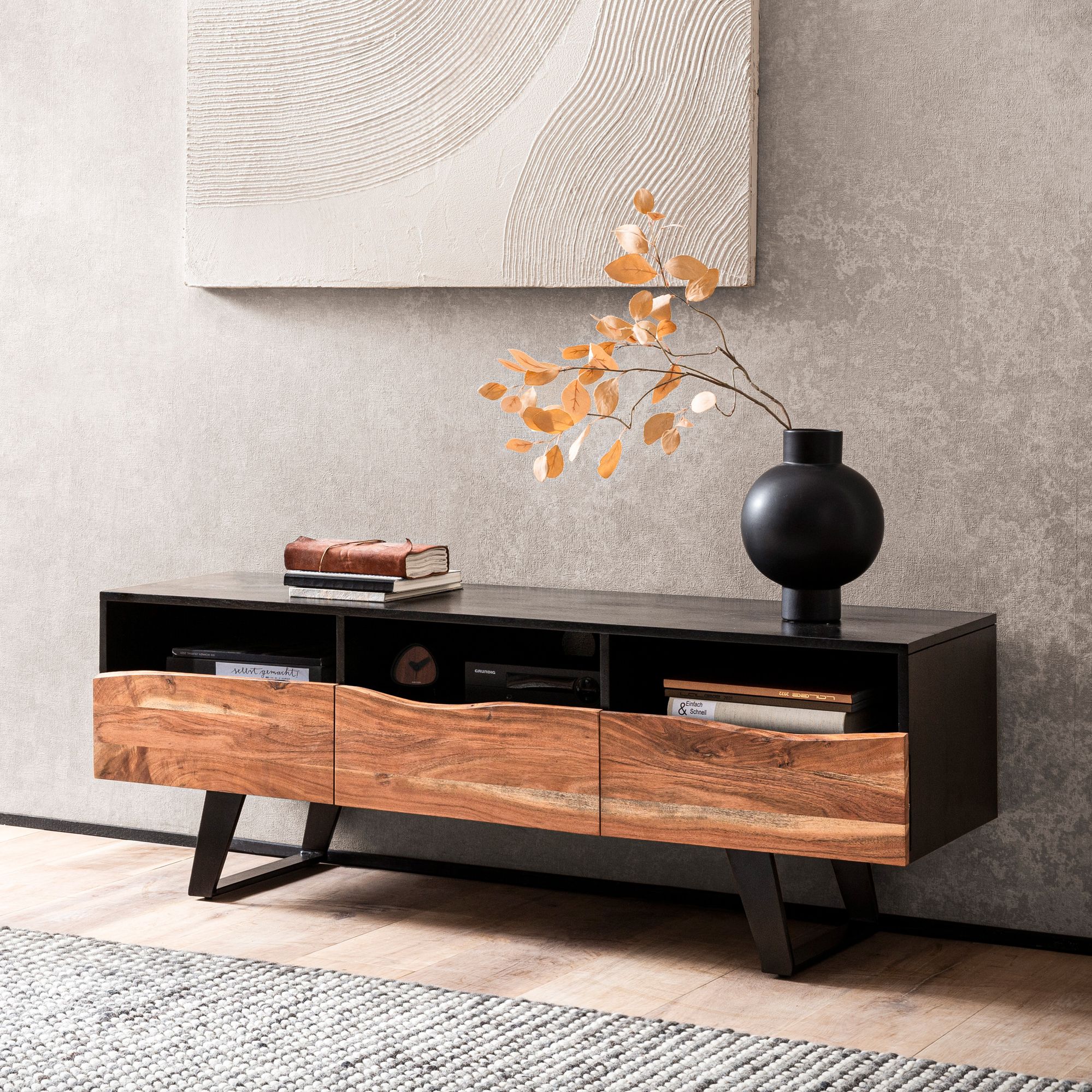 Lowboard acacia massief hout 140x50x40 cm boomrand tv-kast zwart, design tv-kast hoog met lade, tv-tafel tv-kast modern met deuren, tv-kast woonkamer