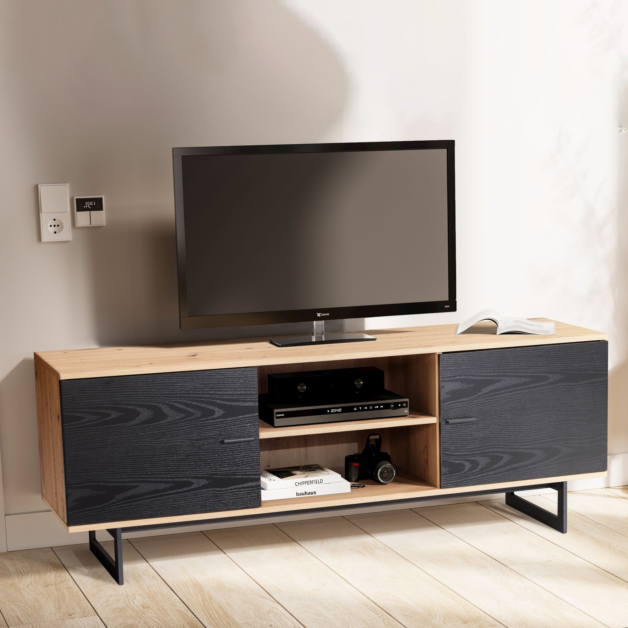 Lowboard eiken decor zwart 150x55x40 cm tv-kast modern, design tv-kast hoog, tv-tafel tv-kast met twee deuren, tv-kast woonkamer