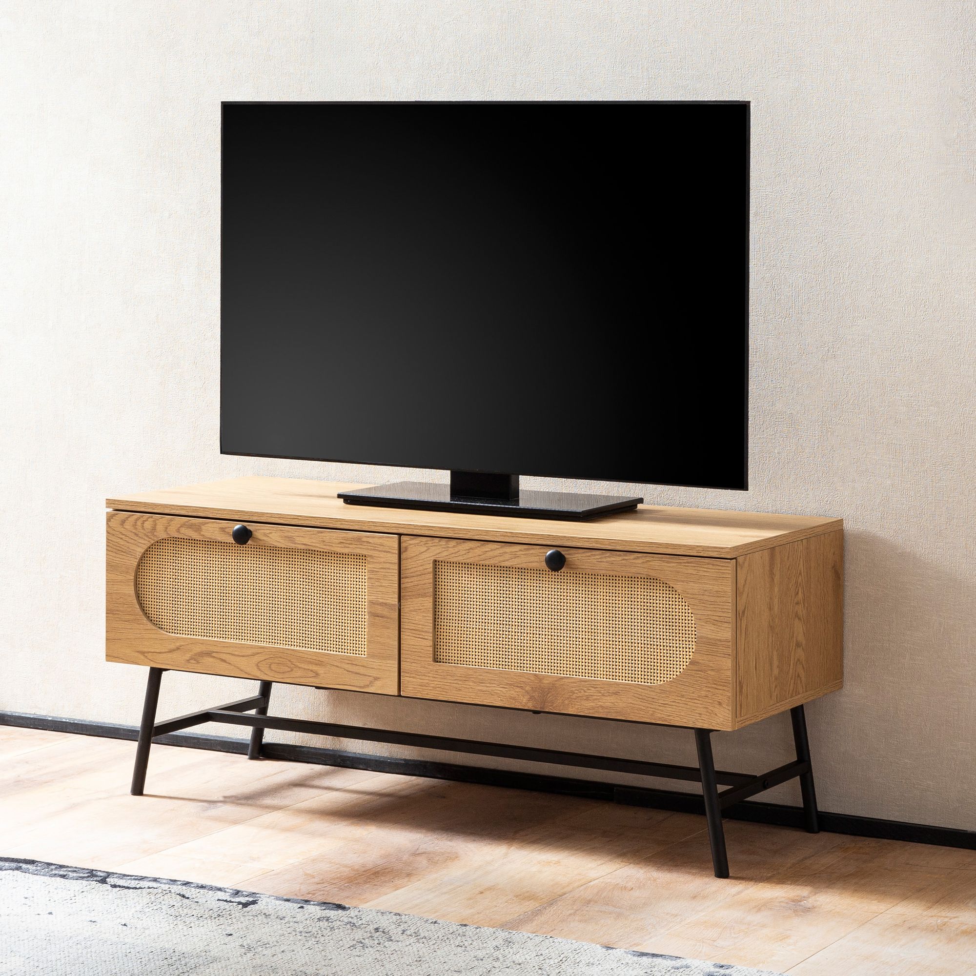 Lowboard 100x45x40 cm tv-kast met eiken decor & rotan, design tv-kast hoog met laden, tv-tafel tv-kast, tv-kast woonkamer