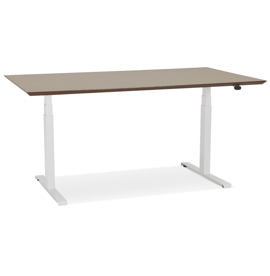 'BIONIK' elektrisch zit-sta bureau met notenhouten blad en wit metalen voet - 150x70 cm