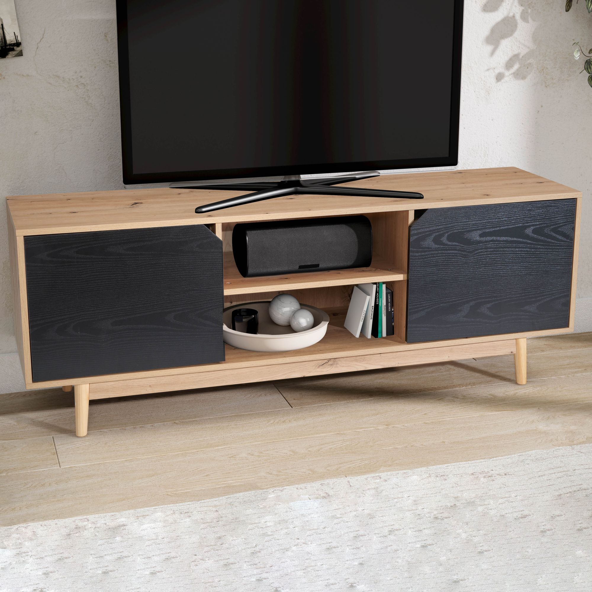 Lowboard eiken decor zwart 150x55x40 cm tv-kast modern, design tv-kast hoog, tv-tafel tv-kast met twee deuren, tv-kast woonkamer