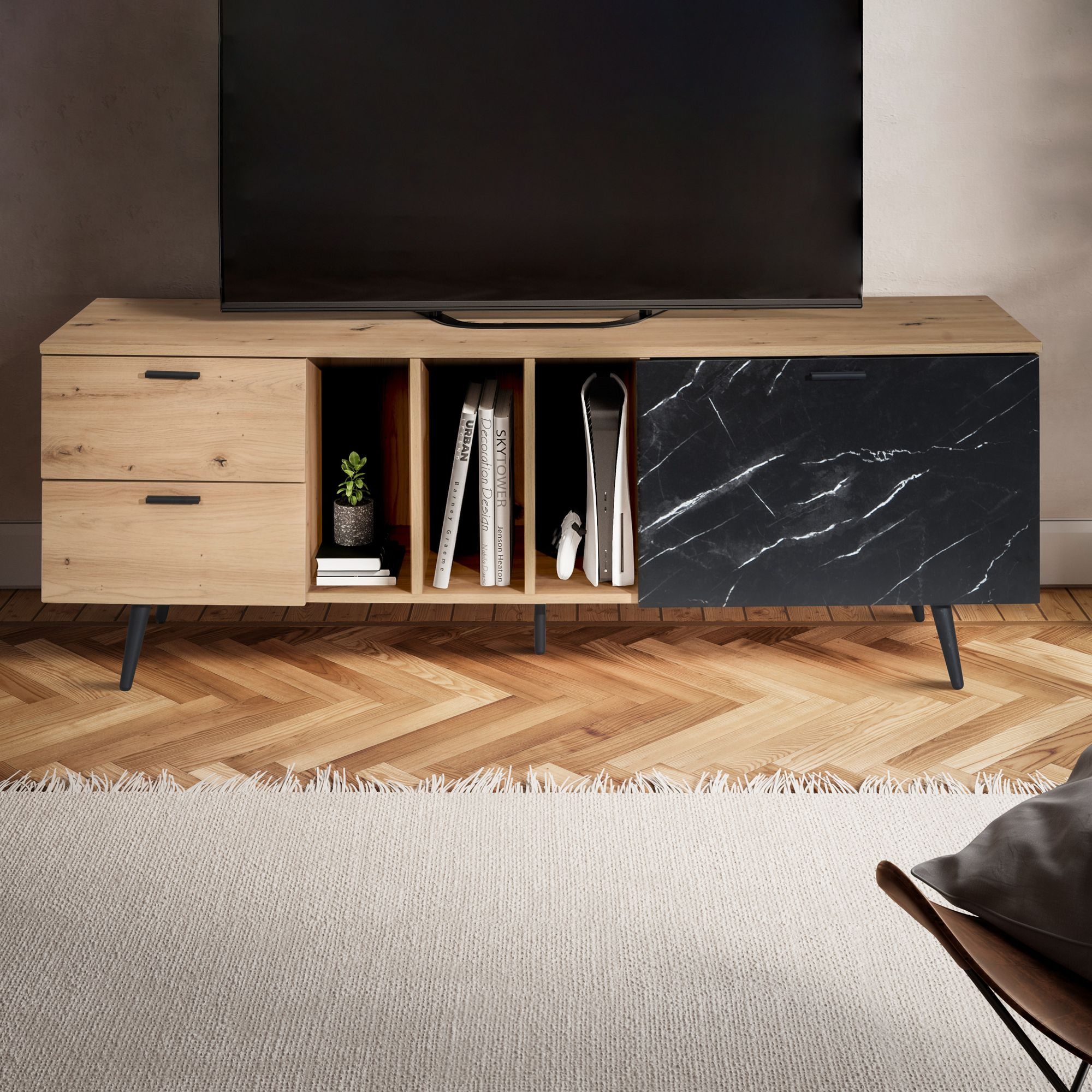 Lowboard eiken decor met marmerlook in zwart 150x55x40 cm tv-kast, design tv-kast hoog modern, tv-tafel tv-kast met deur & lade, tv-kast woonkamer modern