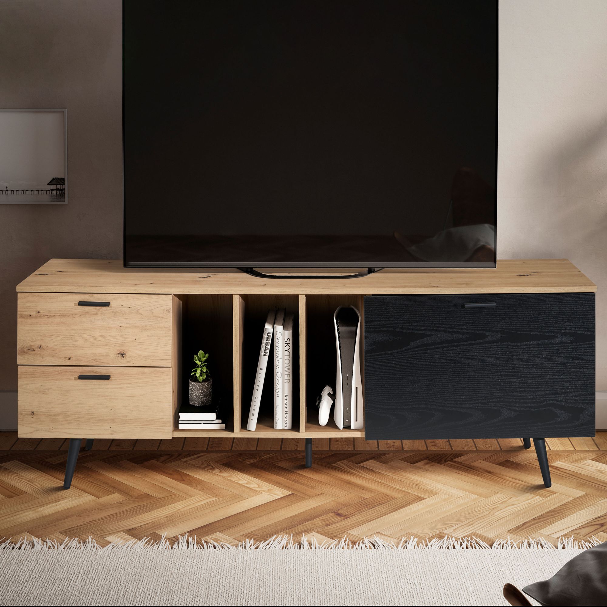 Lowboard eiken decor zwart 150x55x40 cm design tv-kast modern, tv-kast hoog, tv-tafel tv-kast met deur en lades, tv-kast woonkamer modern