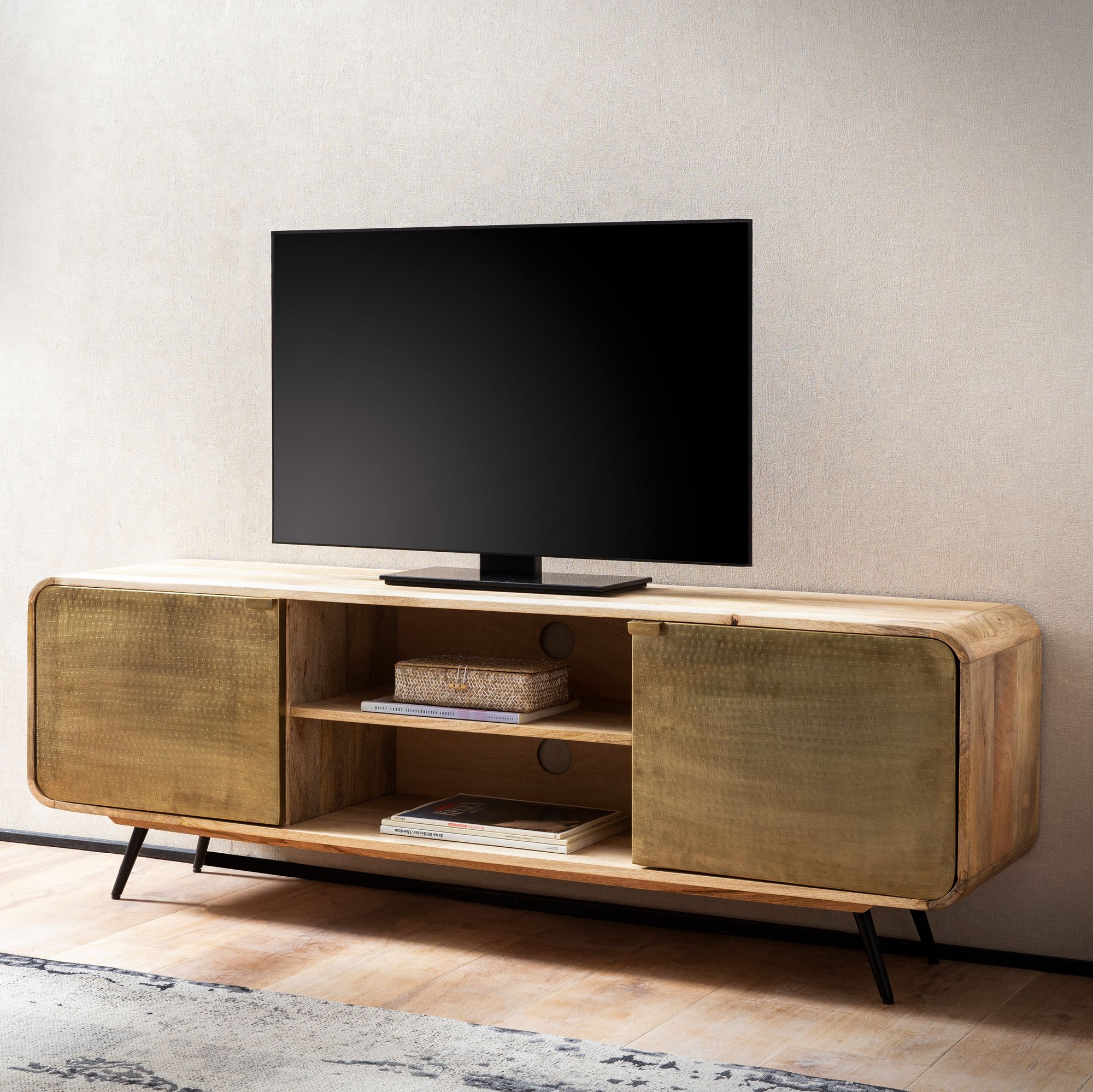 Lowboard mango massief hout 160x55x41 cm tv-kast met twee geponste deuren, design tv-kast hoog, tv-tafel tv-kast modern, tv-kast woonkamer